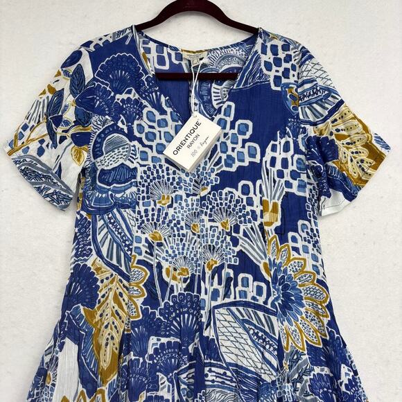 Orientique Naturally Midi Dress Seville Size S Blue Floral Crinkle Gauzy Flowy - Picture 3 of 16